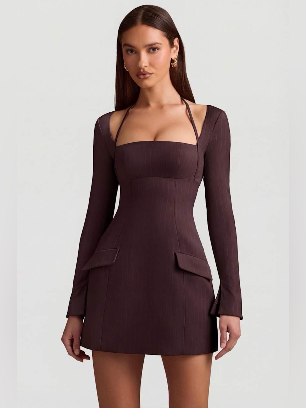 Oh Polly Ksenia Chocolate Brown Pinstripe A-Line Mini Dress UK 8 - Picture 2 of 11